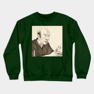 Portrait of old asian man holding human skull Crewneck Sweatshirt